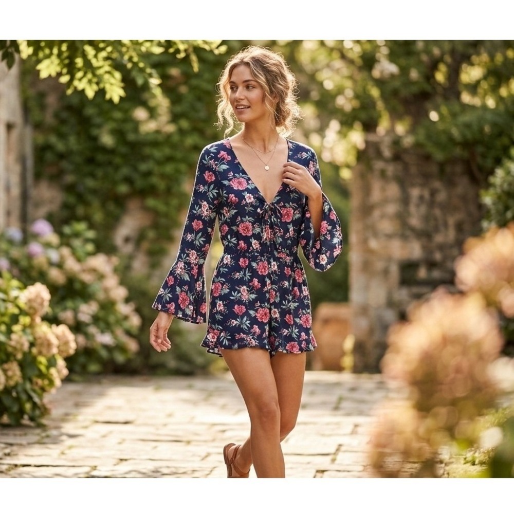American Eagle Floral Romper Women Navy Pink Bell Sleeve V-Neck Tie Front Size L